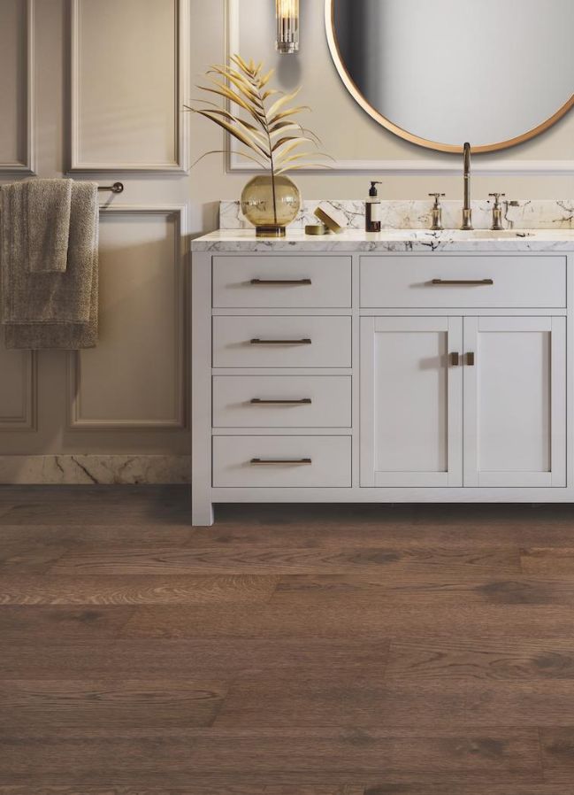 dark stained hardwood floors in a tacoma, wa bathroom
