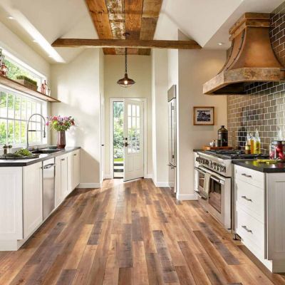 wood look laminate floors in a rustic kitchen